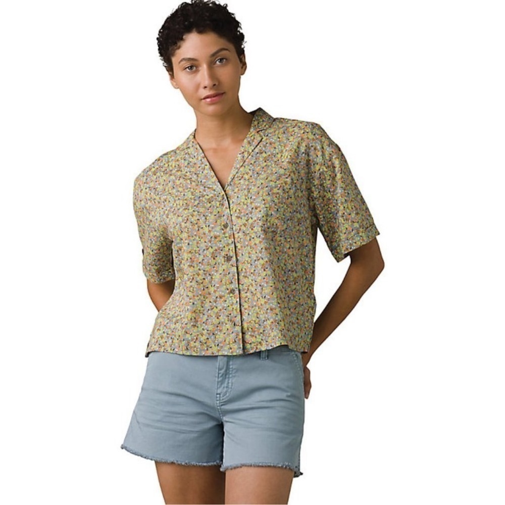 PRANA Women’s Size Large Iguala Top Blue Short Sleeve Sea Mist Petals